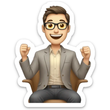 Joyful Celebrating victory Hands up Pale skinned Fit Man With dark brown hair in gray jacket, beige office shirt, Brown pants and vintage glasses sitting In a soft chair sticker