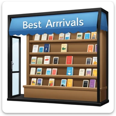 Bookstore window display. A sign displays “New Arrivals This Week”. Below, a shelf tag with the text “Best-Selling Novels Here”.  sticker