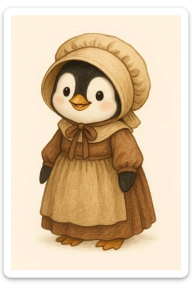 a cute penguin in pioneer clothes, with a bonnet and long dress, smiling, clean background sticker