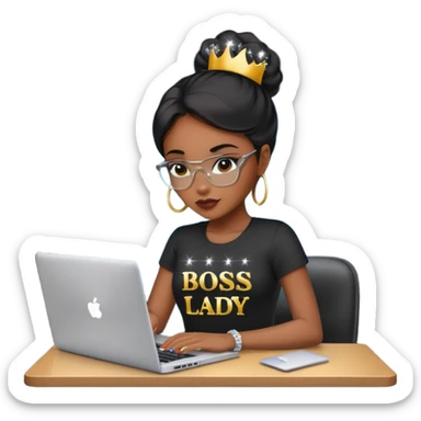 black pretty girl working hard with sparkles on laptop "boss lady" spelled out on shirt sticker