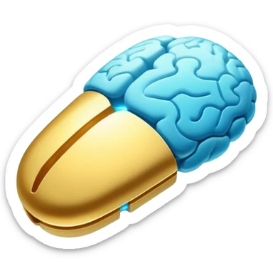Glowing golden omega pill floating in ethereal blue waves, connected to a luminous brain by streams of light. The brain pulses with enhanced neural activity, with the entire scene having a mystical, flowing quality and soft radiance. sticker