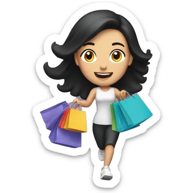 Caucasian woman with black hair running with shopping bags in her hands sticker