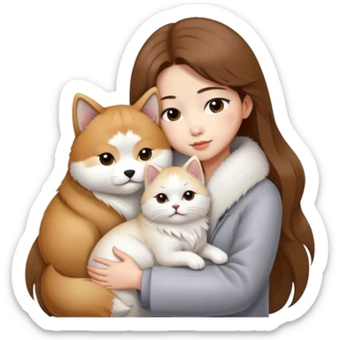 A Chinese fashion girl with brown hair, wearing a light gray fur coat, hugging a Shiba Inu and a long-haired white Persian cat. sticker