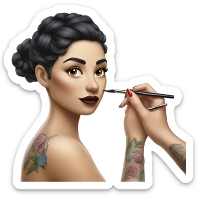 Hyper Realistic Beautiful lightly tattooed woman applying make-up in a mirror  sticker