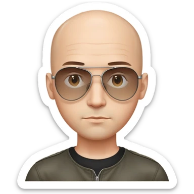 Oval-faced man with large forehead, aviator sunglasses with metal frame, extremely short dark hair with completely bald sides (skin fade), light tan skin, friendly neutral expression, black shirt sticker