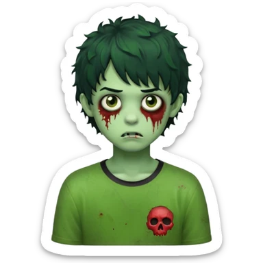 Boy, zombie, green skin, black curly wavy hair with bangs, short , round shaped hair, emo, dark, bored expression sticker