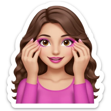 girl with long wavy brown hair, brown eyes, long lashes makeup, sexy pink lips, light to medium complexion, wearing a pink sexy top, smiling, hands covering over the eyes sticker