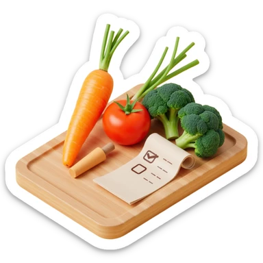 carrot tomato brocoli on the wooden cutting board with floating rolled paper list with checkbox sticker