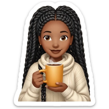 A dark-skinned Black woman with long black box braids, holding a steaming coffee cup with both hands, wearing a cozy sweater, smiling. sticker