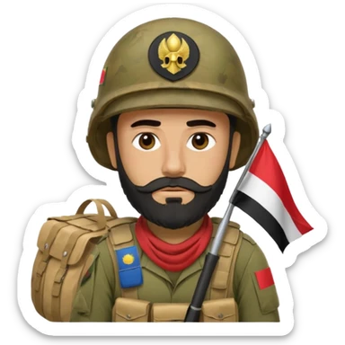 A tired and sad, swarthy Iraqi soldier with a beard, an Iraqi flag on his helmet, a sad expression and bags under his eyes sticker