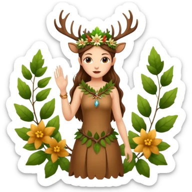 forest fairy woman dressed as deer spirit, antler crown and leaf dress, standing in flowers sticker