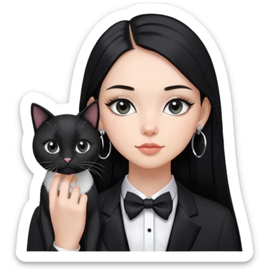 A girl with long straight black hair has upward-slanting eyeliner. She is wearing large silver hoop earrings, a black t-shirt, She is holding a  tuxedo cat with a black face  sticker