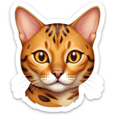 Cinematic Bengal Cat Portrait Emoji, Elegant and striking, sleek spotted brown and gold tones, Simplified yet sharp features, highly detailed, glowing with a warm, confident glow, high shine, playful and curious, stylized with an air of grace, focused and attentive, soft glowing outline, capturing the essence of agility and confidence, so lifelike it feels as though it could spring into motion at any moment! sticker