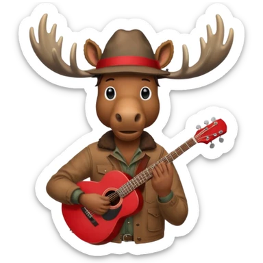 A man with a moose head in alaska pointing a red guitar directly up in the air. Make the graphics gritty and realistic like the moose man is a villian in a high budget batman movie. It needs to be 100 times more dark themed and realistic. Like your batman characters  sticker