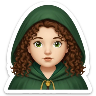 A white woman with a chubby face, with extra long dark auburn hair, cloaked and hooded like she's a Traitor in the tv show 'The Traitors'. her hair is frizzy curly, not with defined curls, and the robe is a very dark green/almost black color sticker