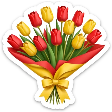 bouquet of tulip with red bow and yellow wrapping paper sticker