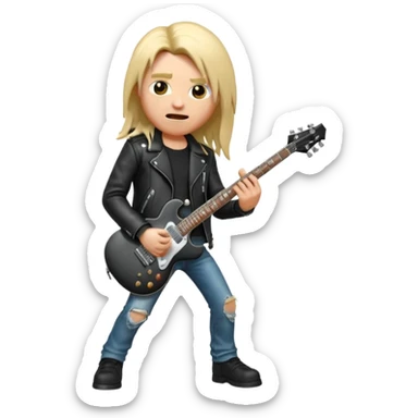 3D Apple-style emoji of a metal musician. Long hair, black leather jacket, ripped jeans, holding an electric guitar. Intense expression, glossy, rounded, smooth, soft shadows, white background.









 sticker