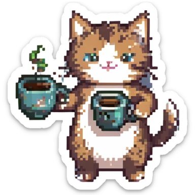 joyful dancing cat holding coffee, pixel art style sticker