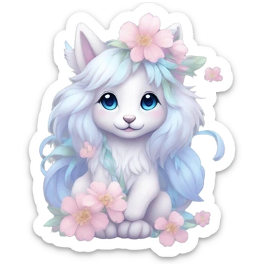 Anthro Cute Cool Pastel Innocent Shy Kawaii gorgeous sparkly ethereal fantasy animal creature with blue eyes furry sona with flowers and ribbons beautiful aesthetic sticker