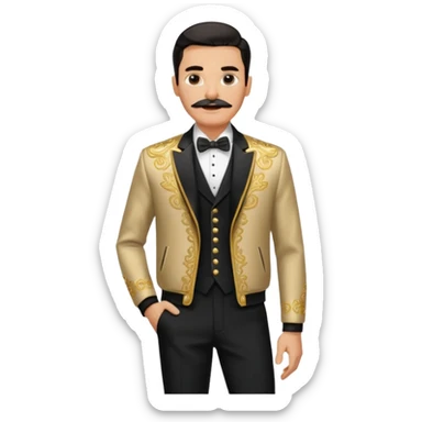 fashionable man with a mustache, slicked-back hair, ornate gold and black jacket, black shirt, and pants, standing confidently sticker
