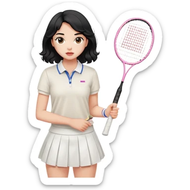 A girl with soft, gentle black hair with waves. She's wearing a white polo and tennis skirt, holding a badminton. She has really long lashes, slightly plump and pink lips as well as blushy cheeks. sticker