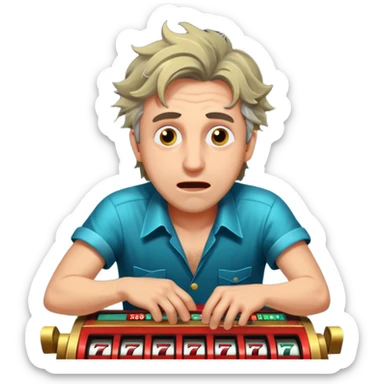 disheveled man losing money at a slot machine, panicked face, coins flying sticker