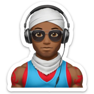 black muscular man with shades, headphones and bandana sticker