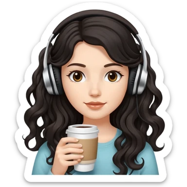 A white girl with black wavy long hair, wearing headphones on her head and holding coffee in her hand SHe has delicate facial features sticker