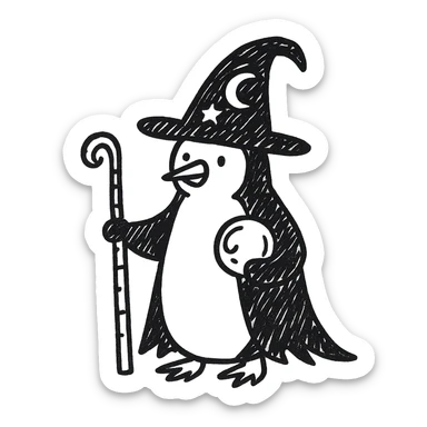A penguin wizard with a different, unique wizard hat in the style of doodle (notion style hand drawn doodles). sticker