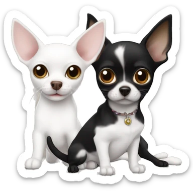 A white cat with a black spot on its nose next to a Black Chihuahua with white lightning strike marking in chest next to a smaller brown tab and white Chihuahua pup sticker