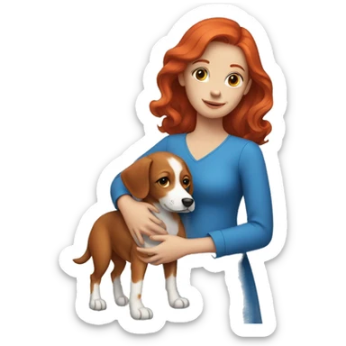 Girl red hair wearing a blue dress and holding a dog  sticker