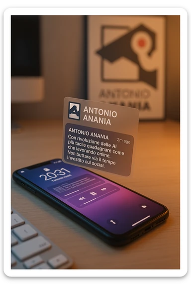 A photo of an iPhone with the message "Antonio Anania" on its scree, both surrounded by soft light and shadow. The phone sits atop a desk with a blurred background that suggests work environment. A faint glow from above casts gentle shadows across the surface of each object, creating depth and highlighting their textures. sticker