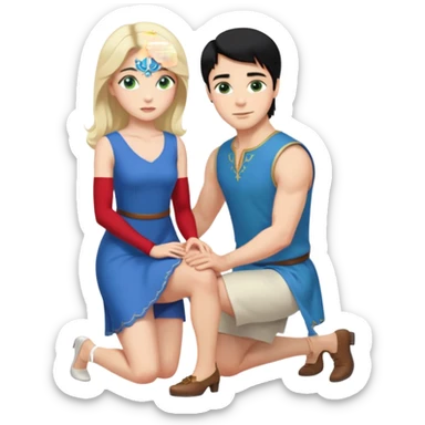 prince, upright, black Hair, blue eyes, garment,  woman, bending knee, white sleveless dress, blonde hair, green eyes, sticker