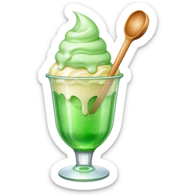 Create an emoji with a clear rounded glass, bright transparent green soda, vanilla ice cream scoop sticker