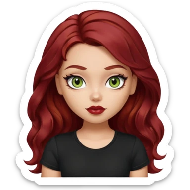 a pretty fair bratz girl with wavy dark red hair, wearing a black tee. eyeliner on, olive green eyes. Waist up sticker