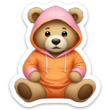 A cute light-beige teddy bear wearing an orange hoodie. His eyes are black. He's sitting on his buttocks. He has a pink sock. sticker