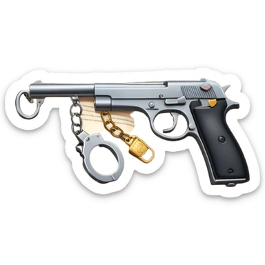 Humanless Icon for Action & Crime Reading: an open book with action-packed scenes, featuring a gun, handcuffs, a detective's badge. The icon should capture the tension and excitement of crime and action stories. Transparent background. sticker