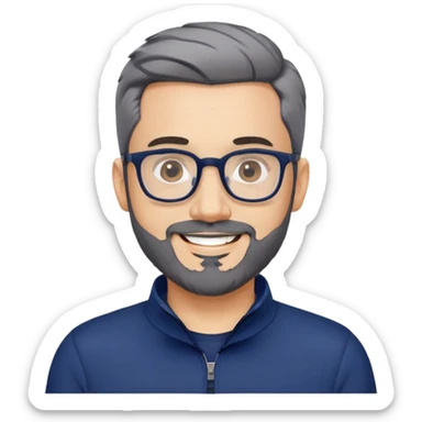 Light-skinned man with short black hair styled upward, short gray beard, large black-framed glasses, smiling face, wearing a navy blue zip-neck long sleeve athletic shirt sticker