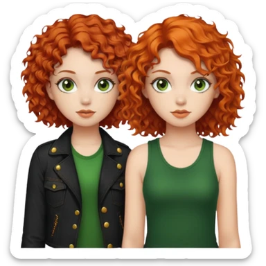 chica de pelo rizado corto rojizo con los ojos verdosos estilo roquera junto a chica de pelo naranja ondulado de ojos castaños linda sticker
