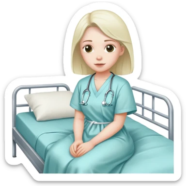 patient in a hospital gown sitting on a bed sticker