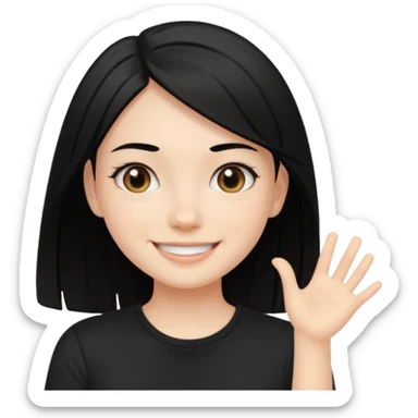 a pretty bratz fair girl with straight black hair, wearing a black tshirt, smiling sticker