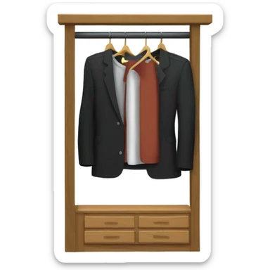 Design an emoji-style icon of an open wardrobe with clothes hanging inside. Include details like a wooden frame, hangers, and black clothing items such as shirts or any other clothing . Use a clean and minimalistic design. sticker