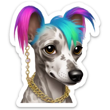Punk Chinese crested dog neon rainbow hair gold chain piercings tattoos ear piercings sticker