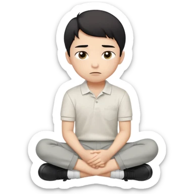 A cartoon young Asian boy with short black hair, light beige skin, and large expressive eyes, wearing a white polo shirt, gray pants, and black shoes. He sits cross-legged on the ground, one fist resting on his cheek, with a closed-mouth smirk. Clean lines, flat colors, solid black background. sticker