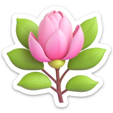 3D icon of a magnolia bud with pinkish tint and glossy green leaves, modern look sticker