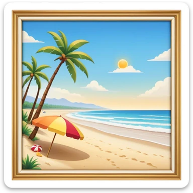 Cinematic Realistic Beach Emoji in a wooden frame, Sunny and bright, with soft golden sand stretching as far as the eye can see, gently lapping waves crashing onto the shore, and a clear, blue sky above. Palm trees sway in the warm breeze, and colorful beach umbrellas dot the landscape. Soft glowing outline, capturing the essence of a relaxed, joyful beach day filled with sun, sand, and surf! sticker