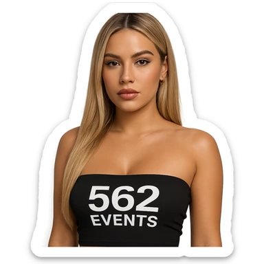 realistic baddie, blonde, in a black tube top with '562 Events' text sticker