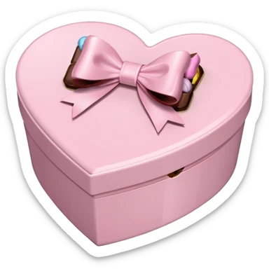 pale pink heart box, pale pink bow, filled with chocolates inside sticker