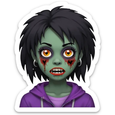 girl, zombie, black coily hair, medium long, emo, shaggy, dark, spooky, piercing on eyebrow, colourful teeth, creepy blank expression sticker