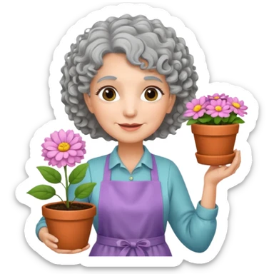 Older female florist – curly hair, hold flower pot sticker